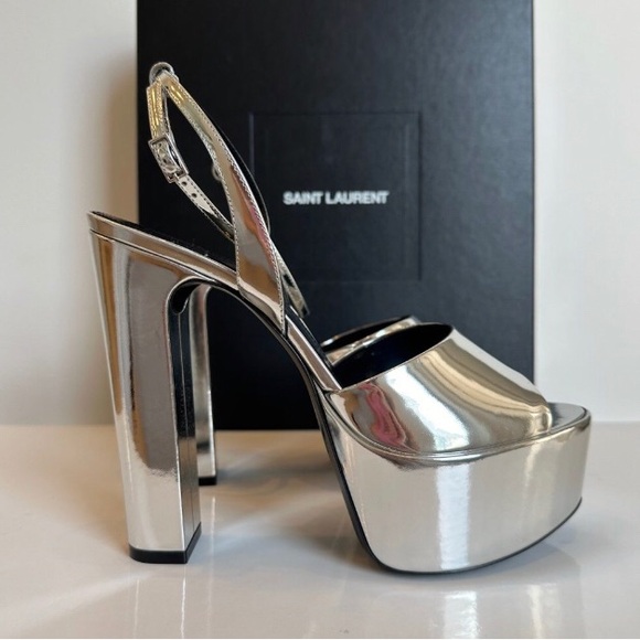 NWT SAINT LAURENT Jodie Metallic 135 Patent Leather Platform Sandals Silver 39.5 - Picture 4 of 15